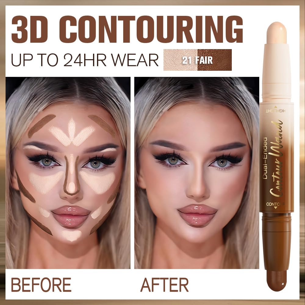 2Pcs Contour Stick Dual Ended Face Body Makeup Waterproof no Transfer, 2 in 1 Cream Concealer Stick Contouring Makeup Kit, Nose Contour Bronzer Sticks Face Highlighter Make up 21#+23#