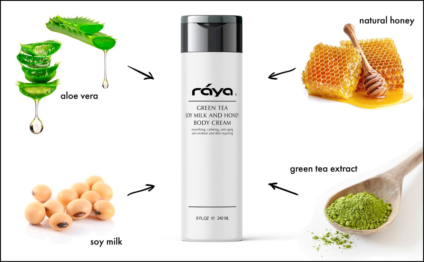 Raya Green Tea, Soy Milk, and Honey Body Cream 8 oz (S-523) | Nourishing, Calming, and Anti-Aging Body Cream | Protects and Refines Skin