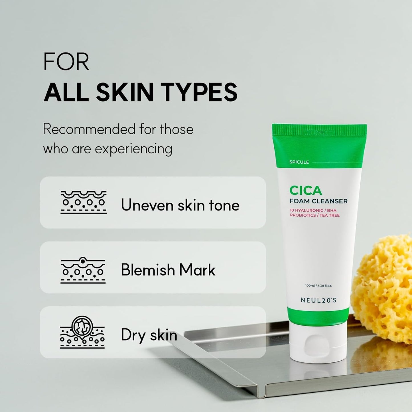 Spicule CICA Foam Cleanser, 3.38 fl oz/100ml | Hydrating Korean Face Wash with Centella Asiatica, Hyaluronic Acid & Tea Tree, Gentle Daily Cleanser for Sensitive & Acne-Prone Skin
