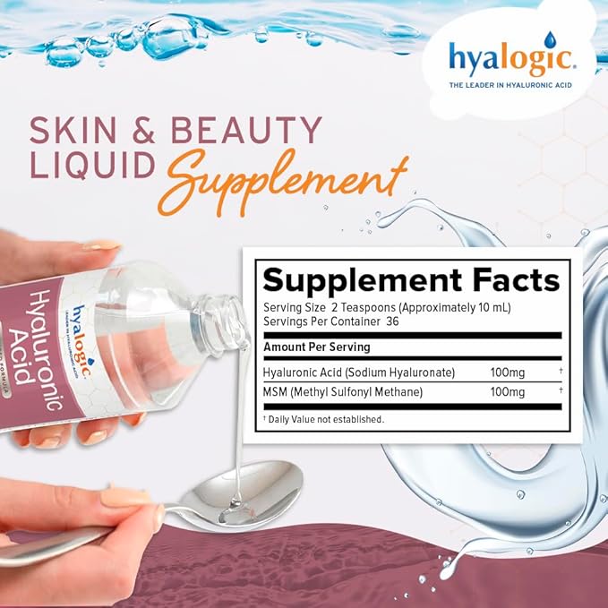 Hyalogic Liquid Hyaluronic Acid Supplement - Ingestible Skin Support with 100mg HA and 100mg MSM - Natural Hydration for The Face, Eyes and Lips - High Molecular Weight Formula - 12 oz