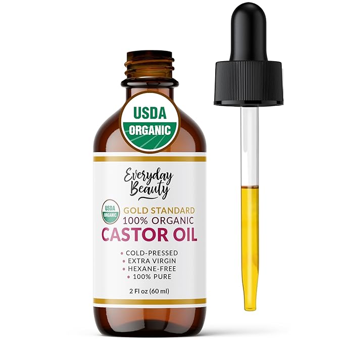 100% Organic Castor Oil - Gold Standard 100% Pure Certified USDA Organic in Glass Bottle & Glass Dropper, Cold Pressed & Hexane-Free, For Lashes, Brows, Hair, Skin & Wellness Packs -2oz