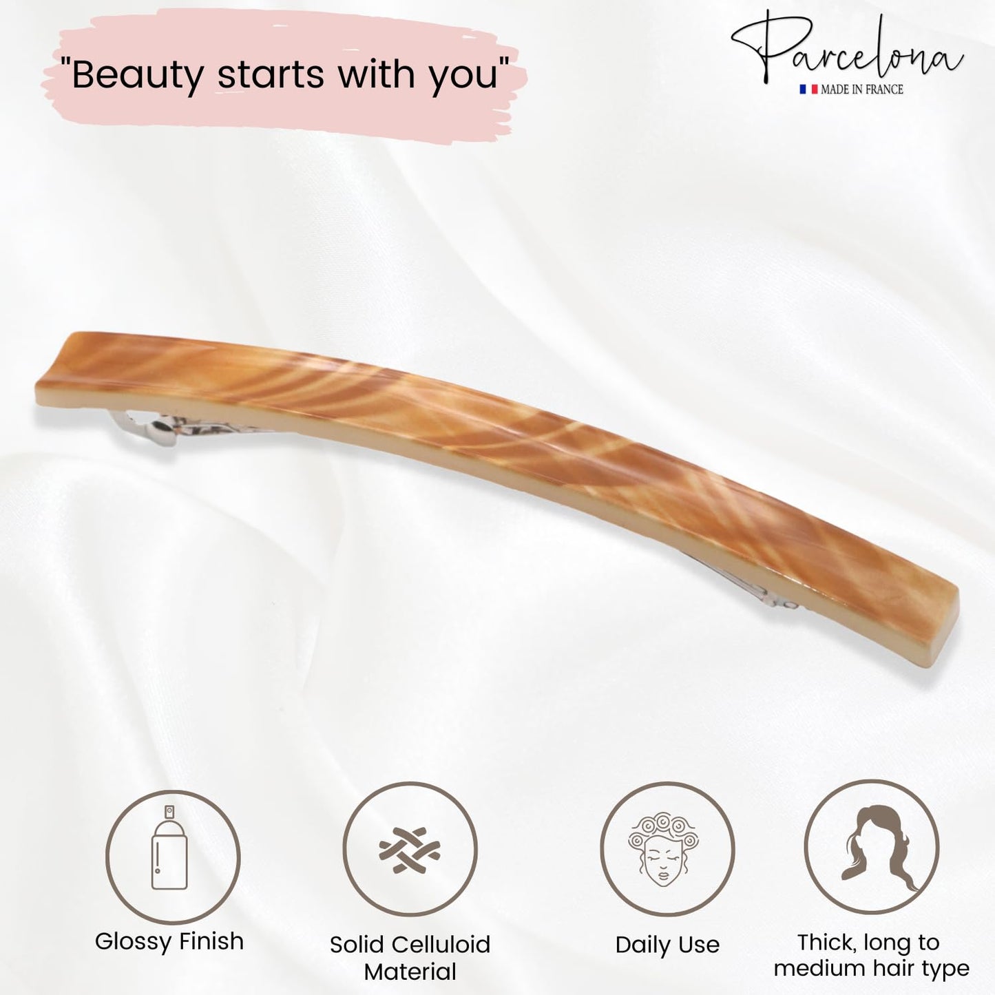 Parcelona French Long and Thin Large 4" Beige Brown Celluloid Automatic Hair Clip for Girls Strong Hold No Slip Grip Hair Claw Clips for Women, Made in France