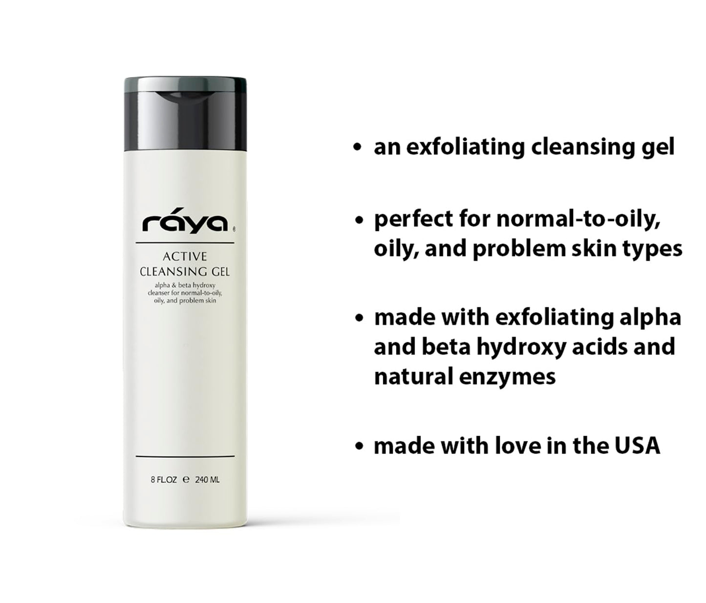 Raya Active Facial Cleansing Gel (G-107), Oil Control Cleanser with AHA and BHA, Deep Pore Gel for Oily and Break-Out Skin, Gentle Face Wash for Women and Men, Suitable for Daily Use, 8oz or 16oz btl