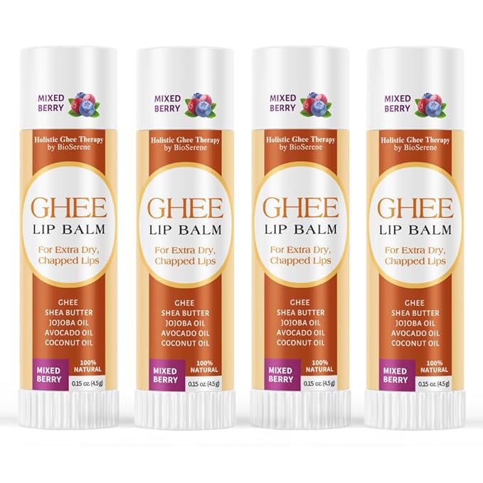 All Natural Lip Balm For Very Dry Lips | Hydrating & Moisturizing Lip Balm with Shea Butter, Ghee, Jojoba Oil, Coconut Oil | Chapped Lips & After Sun Care | BioSerene (4.5 gms/tube, Mixed Berry)