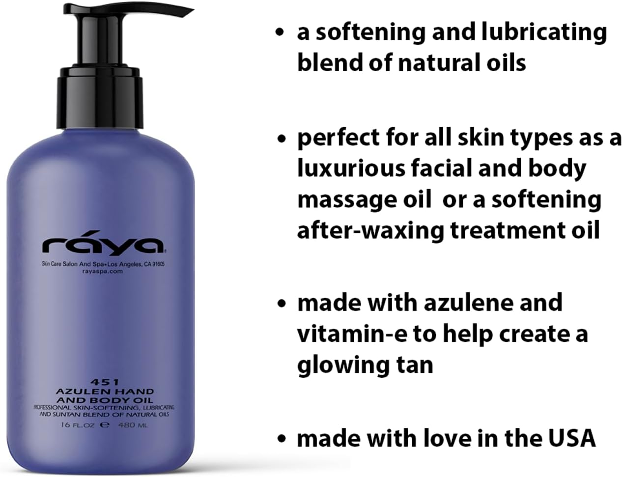 RAYA Azulen Hand and Body Oil 16 oz (451) | Softening and Natural Blend of Oils for Hands, Arms, Legs, and Body | Great as a Body Massage Oil | Great for All Skin