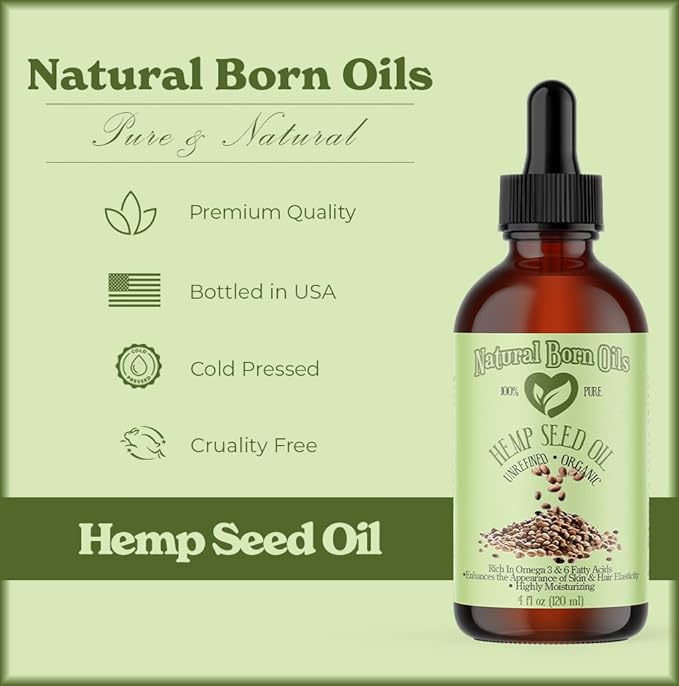 Natural Born Oils Hemp Seed Oil, 2oz, Organic, Cold-Pressed, Rich in Omega Fatty Acids, Ideal for Skin Hydration, Hair Growth
