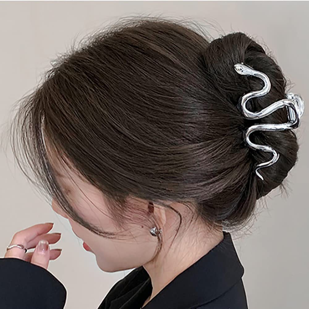 AIUPUOC Large Metal Silver Snake Accessories: Elegant Thick Hair Clips, Barrettes, Banana Hairpins for Women & Girls - 2Pcs