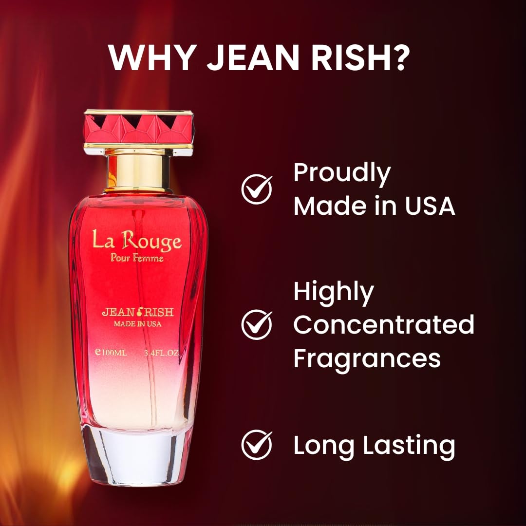 Jean Rish La Rouge Eau De Parfum - Perfume for Women (3.4 Fl Oz / 100ml) with Bergamot, Jasmine & Vanilla Notes - Long Lasting and Luxury Fragrance, Made in USA