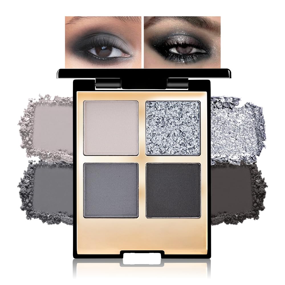 Eyeshadow Quad Makeup Palette – 4 Shades of Black, Gray, Natural, Nude & Smoky Tones, Blendable Matte & Shimmer, Long-Lasting Waterproof, Perfect for Mature & Young Women, with Built-In Mirror 01#