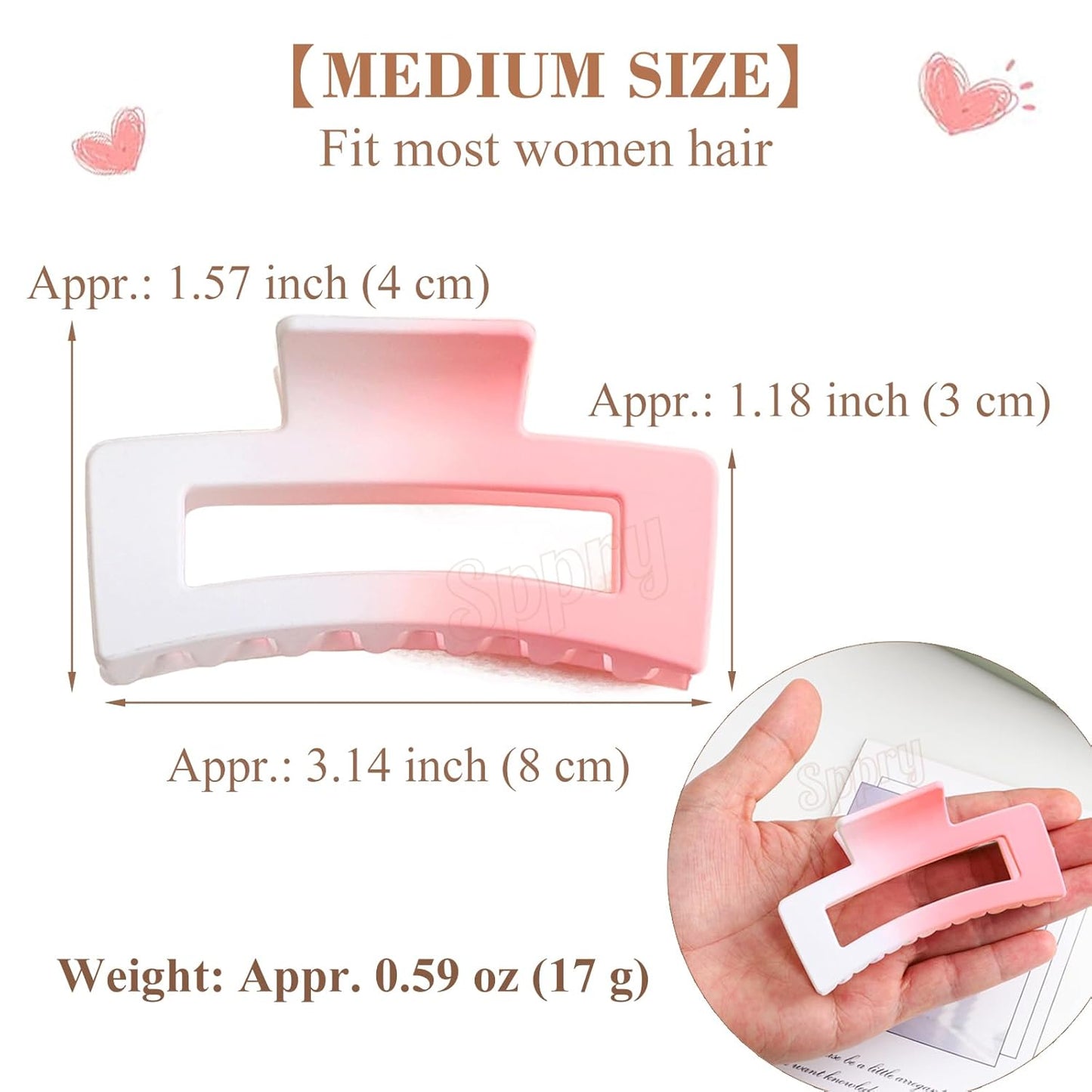 Medium Rectangle Matte Claw Clips for Women Thin Hair, Gradient Color, Set of 3 (Light Pink, Purple & Green)