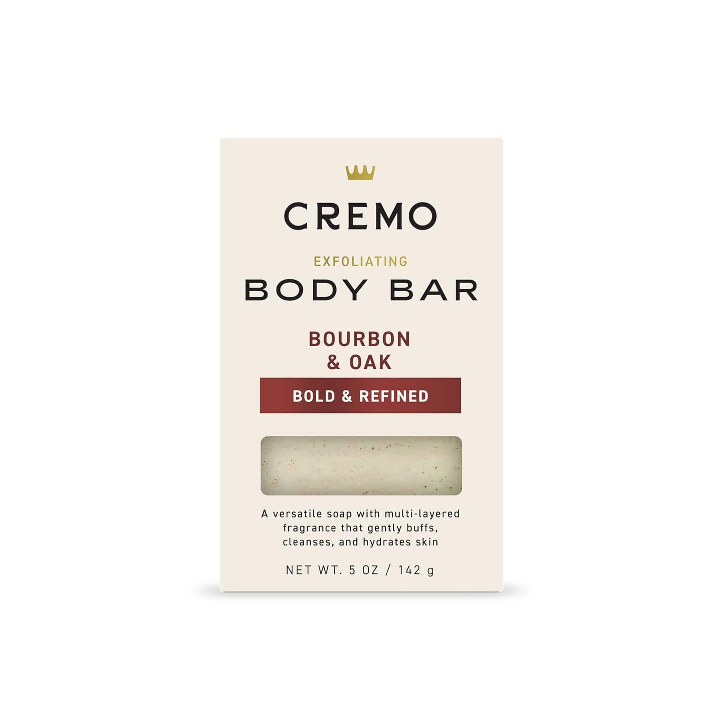 Cremo Exfoliating Body Bar for Men, Bourbon & Oak Scent, Multi-Layered Fragrance That Buffs, Cleanses and Hydrates Skin, 5oz