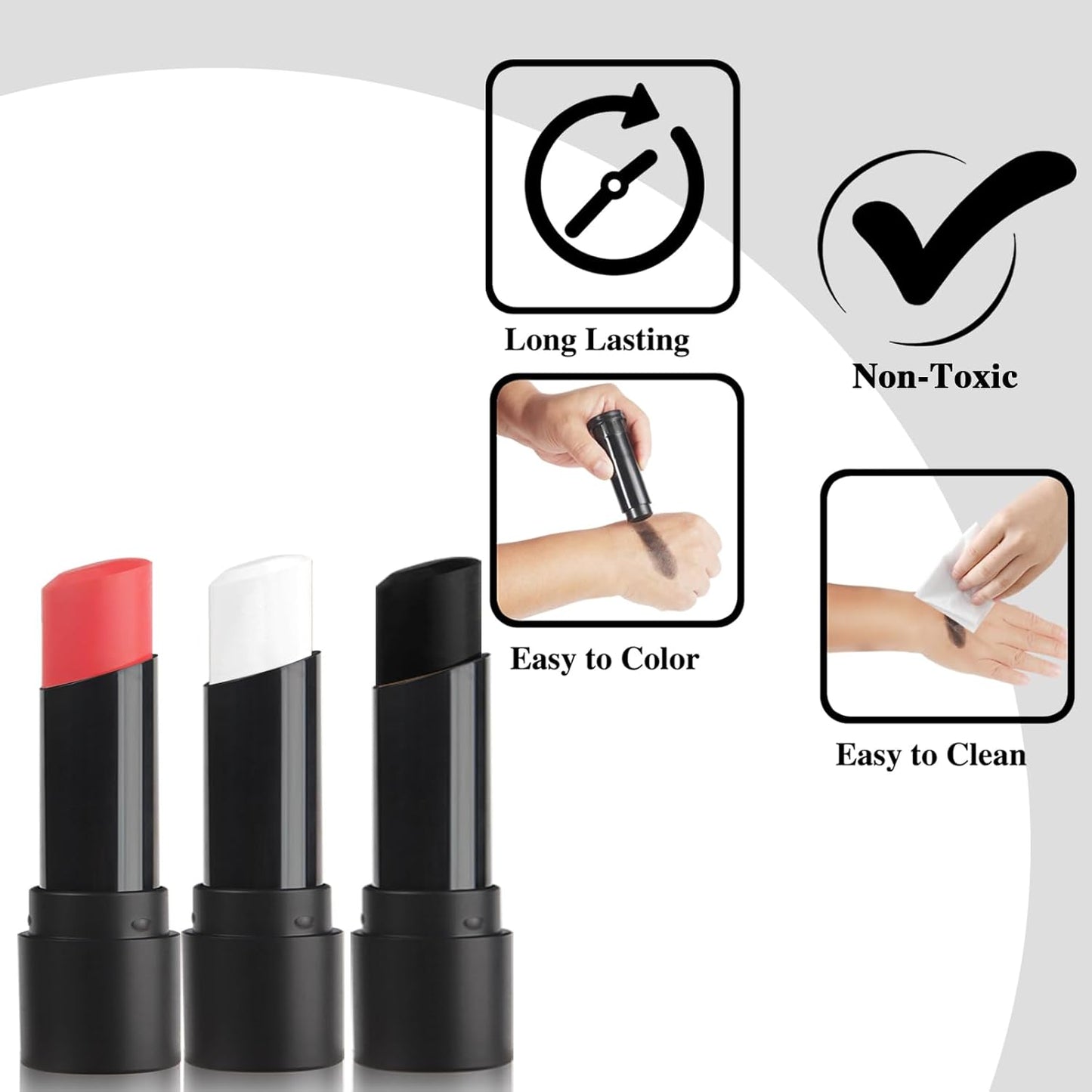 MEICOLY 3PCS Black White and Red Face Body Paint Stick,Face Paint Stick for Halloween SFX Cosplay Clown Skeleton Zombie Makeup,Waterproof Eye Black for Baseball Softball Football