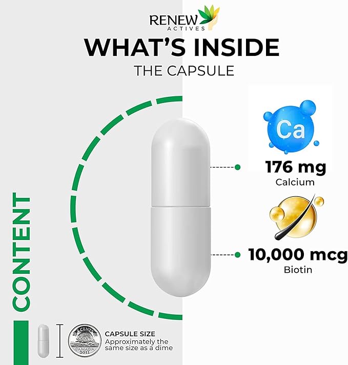 Renew Actives Biotin & Calcium 10000MCG per Serving – Supplements for Hair, Nail & Skin Care – Promotes Bone & Teeth Health – Helps Prevent Biotin Deficiency - Made in Canada – 120 Capsules