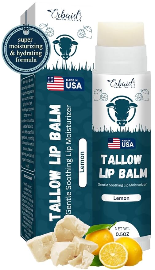 Beef Tallow Lip Balm – Natural Tallow Beeswax Chapstick – Hydrating Moisturizer Grass Fed Bison Tallow Balm Lip Care – Soothes Chapped, Dry Lips, Sensitive Skin – Long Lasting & Vitamin Rich USA-Made