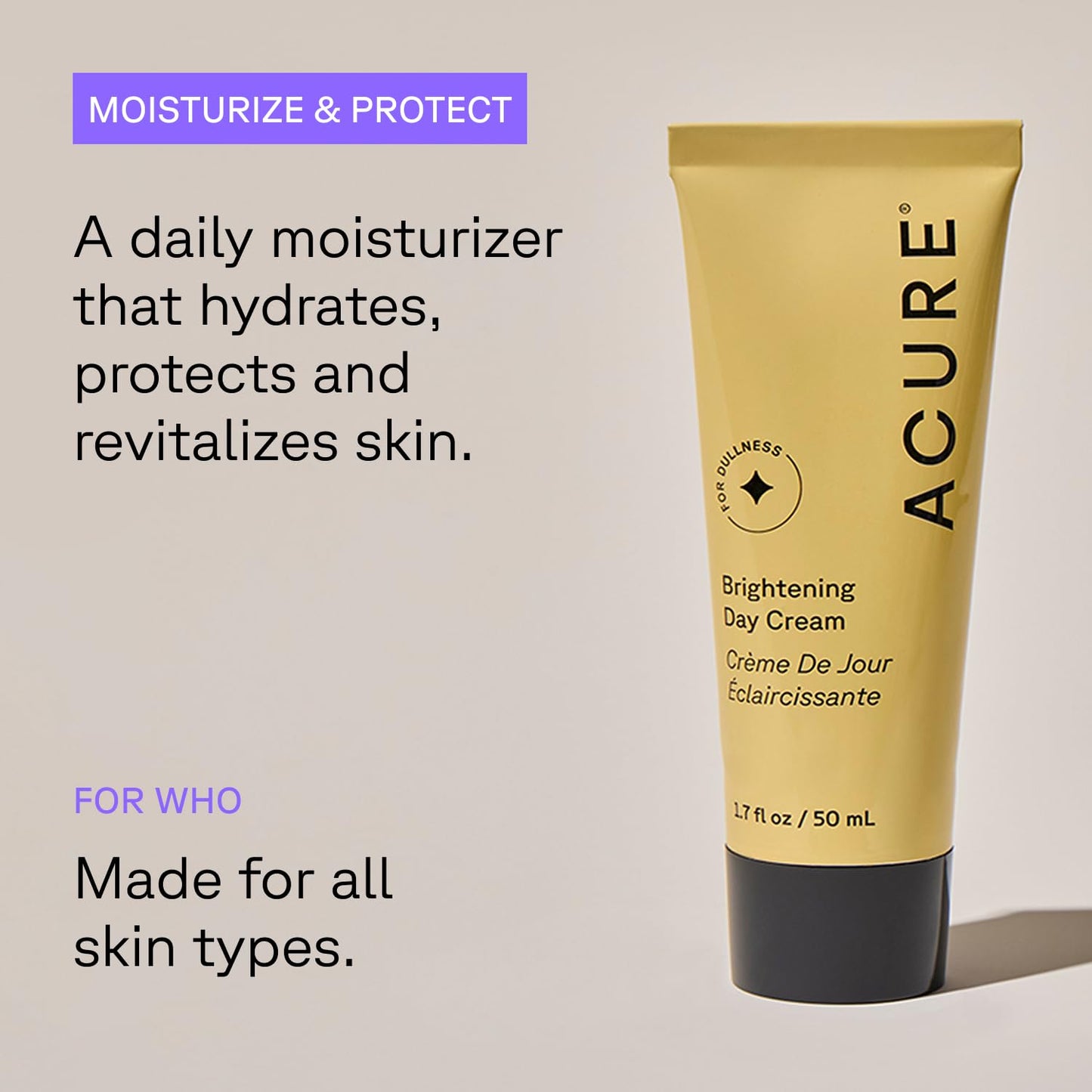 Acure Brightening Day Cream - Cica Cream, Anti Aging Moisturizer to Brighten for Women & Men, Facial Lotion, Skincare with Argan Oil to Replenish, Tone Dry Skin & Hydrate, Cruelty Free - 1.7 fl oz