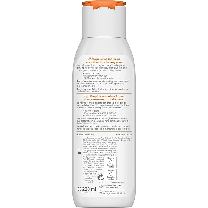 lavera Body Lotion Vitalizing - Body Milk with organic orange & organic almond oil - body milk for normal skin - PETA certified - biodegradable - vegan - natural cosmetics - 6,76 fl.oz.