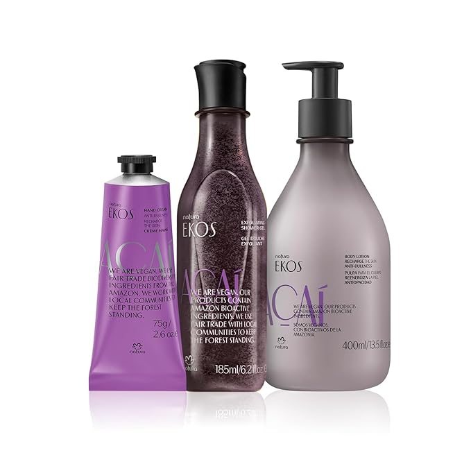 natura - Ekos Açaí Revitalizing Bundle - Hand cream & Exfoliating Shower Gel & Body Lotion - Vegan Skin Care - Brazilian Beauty Secrets - Self Care & Body Care