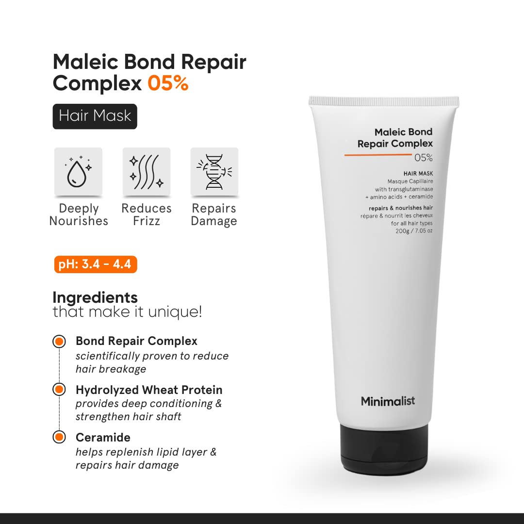 Minimalist Hair Mask for Damaged Hair & Frizzy Hair | After Shampoo | Maleic Bond Repair Complex 5% | Transglutaminase, Amino Acids & Ceramides | For Women & Men | 7.05 Oz/200 gm