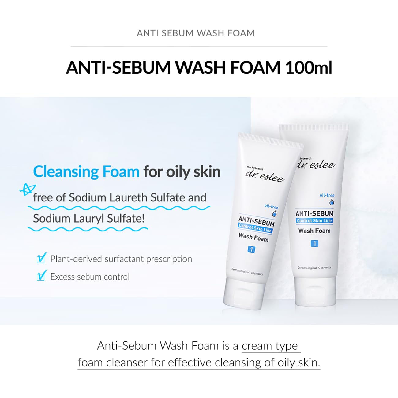 Anti-Sebum Foaming Facial Cleanser for Oily Skin - 100ml - Non-Irritating Dermatological Face Wash Cleansing Foam - Controls Excess Sebum, Soothes Irritation, Sulfate-Free, Korean Skin Care