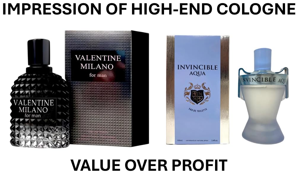 VALENTINE MILANO and (INVINCIBLE AQUA Cologne for Men Combo Pack Eau de Toilette Fragrance 3.4oz/100ml, Natural Spray, Long Lasting (Pack of 2))