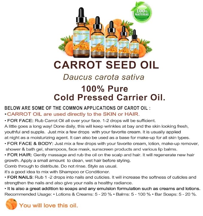 CARROT SEED OIL 100 % Natural Cold Pressed Carrier Oil. 0.33 Fl.oz.- 10 ml. Skin, Body, Hair and Lip Care. "One of the best oils to rejuvenate and regenerate skin tissues.” by Botanical Beauty