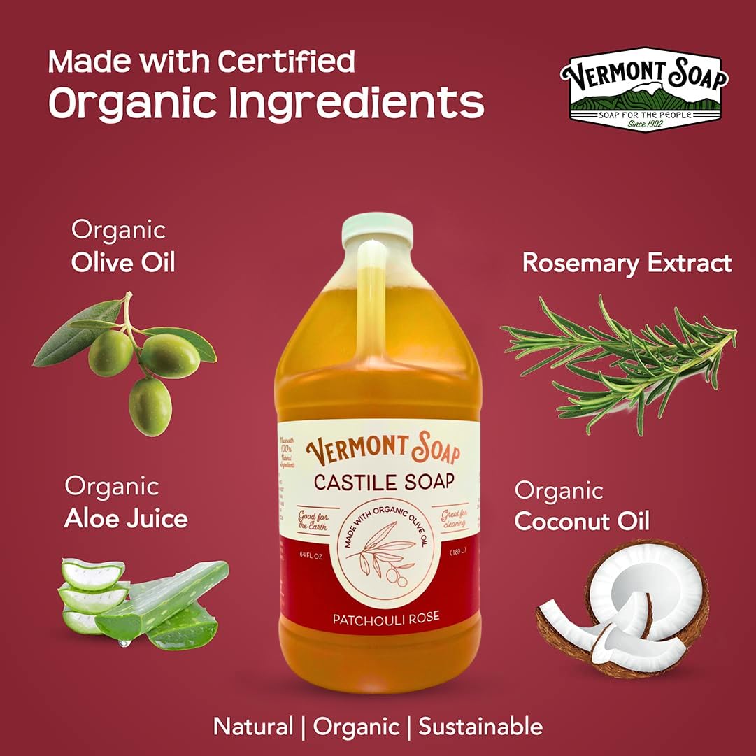 Vermont Castile Soap Patchouli Rose, Gentle Liquid Soap for Sensitive Skin & Natural Body Wash, Organic Hair Shampoo for Oily Hair, Aloe Castile Soap for Men & Women - 64 Oz