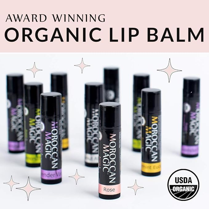 Moroccan Magic Organic Lip Balm Variety Pack Gift Set | Natural Argan and Essential Oils | Smooth | Non-Toxic Cruelty Free | 8 Pack