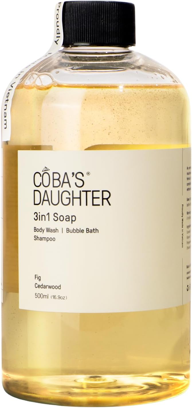 COBA'S DAUGHTER | 3in1 Bubble Bath, Body Wash & Hand Wash for Men and Women | Nourishing Fig & Cedarwood Scent Liquid Soap with Inulin & Seaweed Extract | Cleanses, Softens & Conditions Skin (16.9oz)