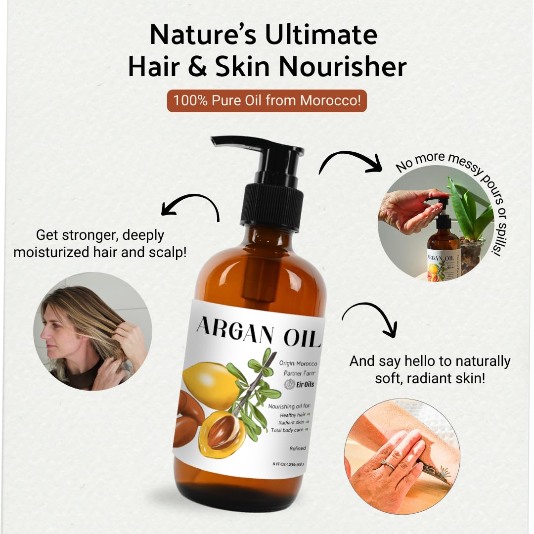 Argan Oil for Hair Growth Oil 8oz (Aceite de Argan) - 100% Pure Cold Pressed Moroccan Oil with Pump - Suitable for Colored & Damaged Hair - Argan Oil for Face, Body Oils, Nail & Scalp