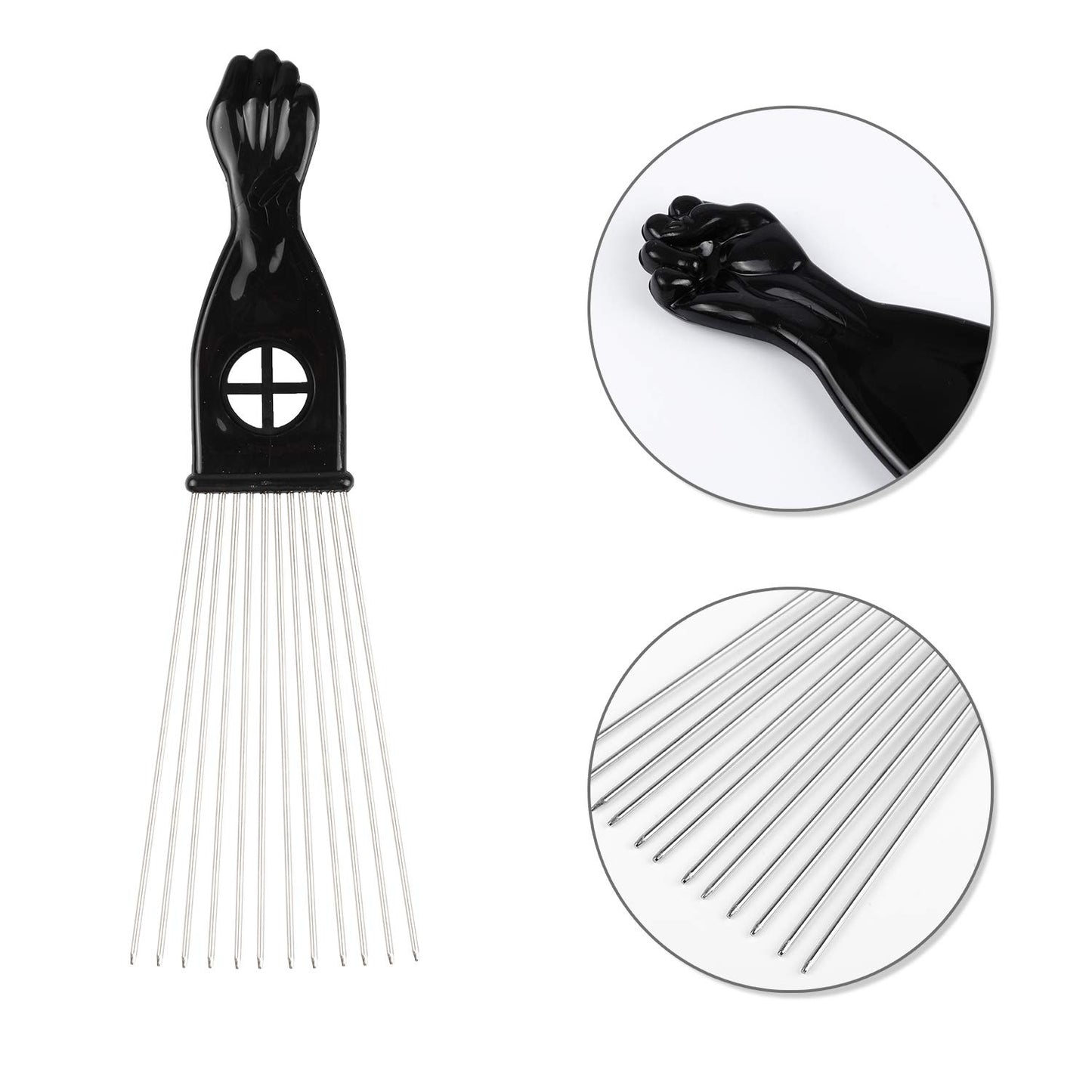 Afro Comb Metal African American Pick Comb Hairdressing Styling Tool, 2 Pack (Black-4, 2piece Assortment, Wide Teeth, Classic Black Fist Design, For Curly Hair and Afro Hairstyle)