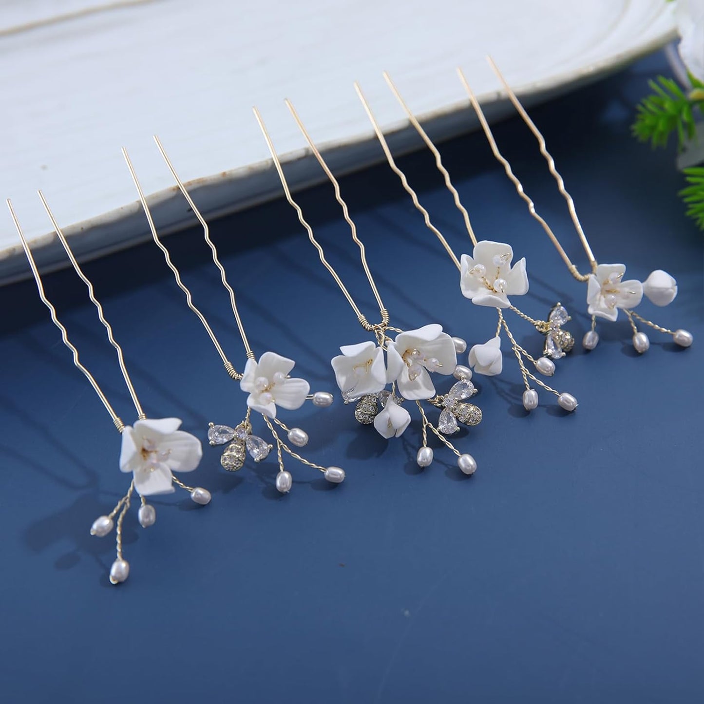 Handmade Bridal Wedding Hair Pins 5Pcs White Flower Zircon Pearl Hair Clips Bridal Hair Accessories for Women Girls Brides Bridesmaid