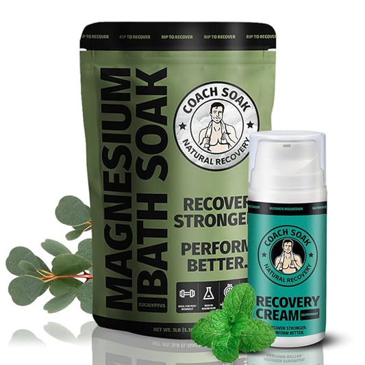 Coach Soak Recovery Bath Soak Eucalyptus Tea Tree and Magnesium Lotion with MSM Cooling Menthol Bundle, Made in USA