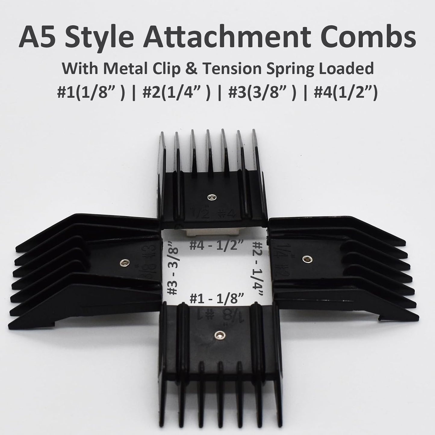 Professional A5 Animal Clipper Attachment Guard Guide Combs Set, 1/8" 1/4" 3/8" 1/2" Compatible with Andis AG BG, Oster Classic 76 Golden A5, Wahl KM Series Pet Groomer Horse Clipper Models (Black)