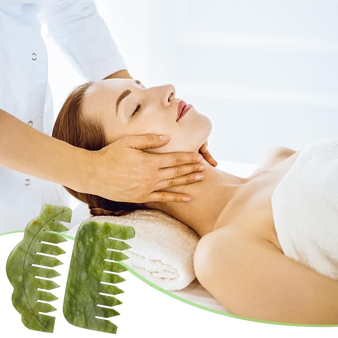 Geiserailie 2 Pieces Jade Combs Massage Stone Hair Gua Sha Scraping Scalp Comb Facial Massage Tool Multifunctional Handheld Head Tools Head Caring Therapy Mother's Day Gift(Stylish Style)