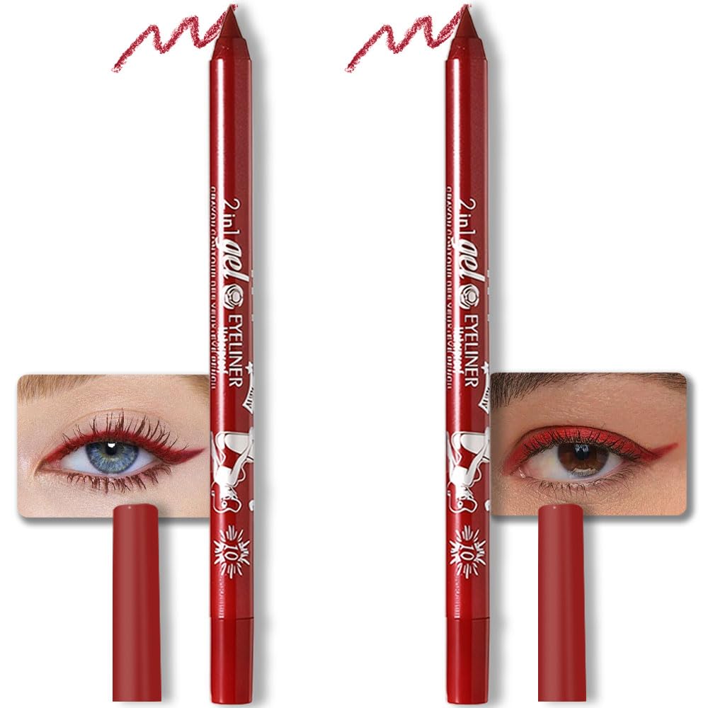 evpct 2Pcs Red Color Gel Glitter Eyeliner Pencils Set for Women Waterline Waterproof Smudge Proof lapiz de ojos delineador de ojos contra el agua Eye Liner Makeup