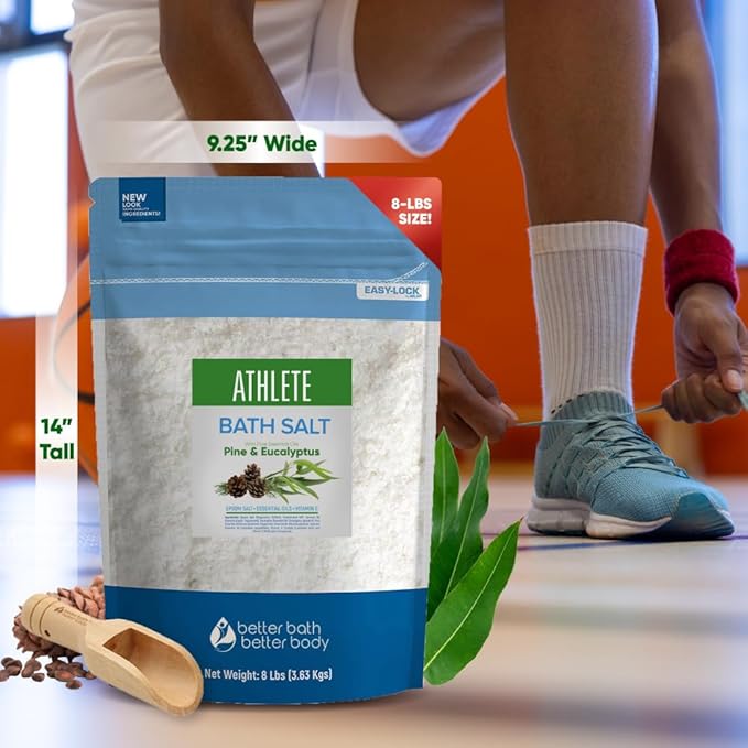 Athlete Bath Salt 128 Ounces Epsom Salt with Natural Lavender, Pine, Peppermint and Eucalyptus Essential Oils Plus Vitamin C in BPA Free Pouch with Easy Press-Lock Seal