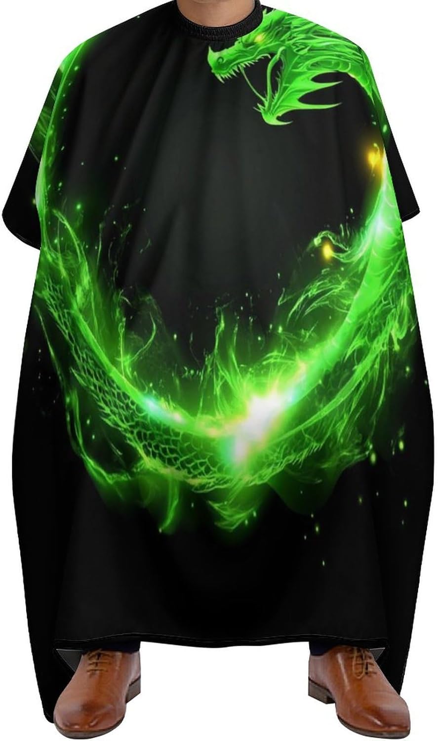 Salon Cape for Adults, Water Resistant Hair Cutting Salon Cape Extra Large Haircut Cloth Apron Cape Haircut Barber Gown (Green Fire Flame Dragon Black Art, 55x66 Inch)