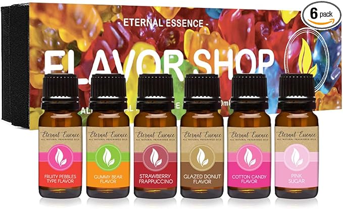 Eternal Essence Oils Flavor Shop Set of 6 Premium Fragrance Oils - Includes Fruity Pebbles Type, Gummy Bear, Strawberry Frappuccino, Cotton Candy, Glazed Donut, and Pink Sugar Scented Oils - 10ML