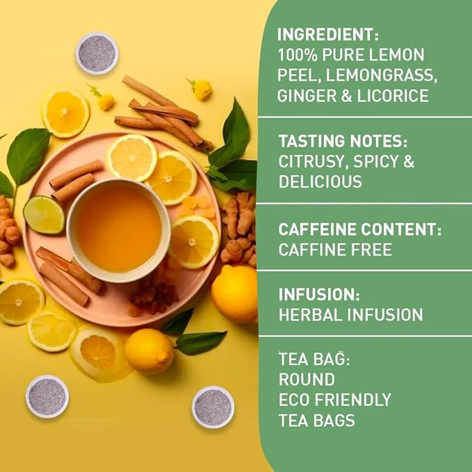 HANDPICK, Lemon Ginger Herbal Tea, Eco-conscious Tea Bags - 100 Pyramid Tea Bags | 100% Natural Ingredients, Hand-made Blend of Lemon & Ginger | Caffeine Free, Gluten Free | No Artificial Ingredients