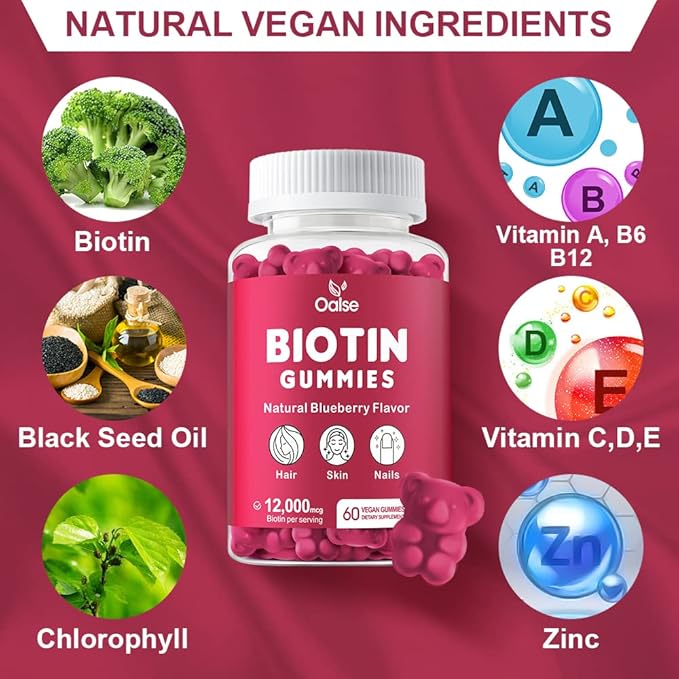 Biotin Gummies, Biotin Supplement with Chlorophyll, Black Seed Oil, Multivitamins and Zinc Support Hair Skin and Nails Health for Women and Men [60 Count (Pack of 1)]