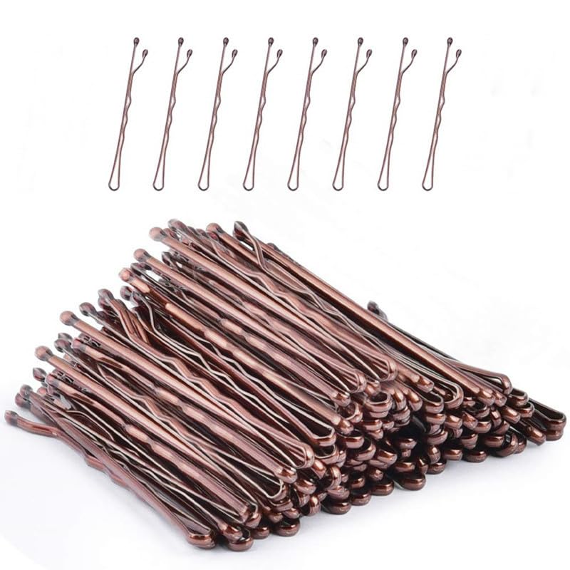 2 Inch Brown Hair Bobby Pins Metal Clips Twisted Spiral Curved Ball Tips Non-slip Decorative Long Short Women Girls Nickel Free Hairdressing Wedding Accessories with Case 100 PCS