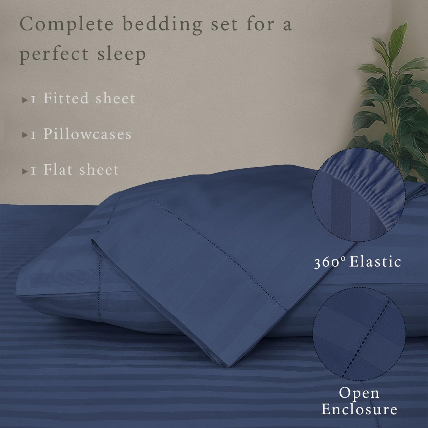 Threadmill 500 Thread Count Twin-XL Size Damask Stripe, 3 Pc Luxury Cotton Bed Sheet Set, Breathable Folkstone Blue Sheets with 15" Elasticized Deep Pocket, 1 Pillowcase & Free Tote Bag