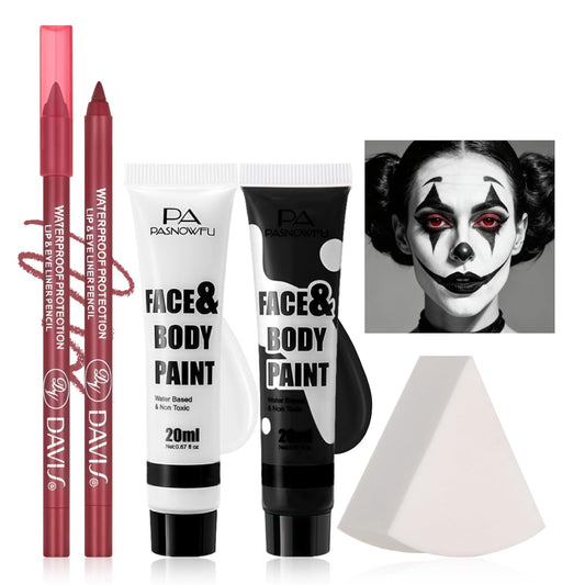 Halloween Makeup Kit for Clown, Black White Face Paint Set for Classic joker Skeleton Looks with Red Eyeshadow Stick, Water-Based Body Paint Set for Cosplay SFX Makeup, Stage shows, Parties