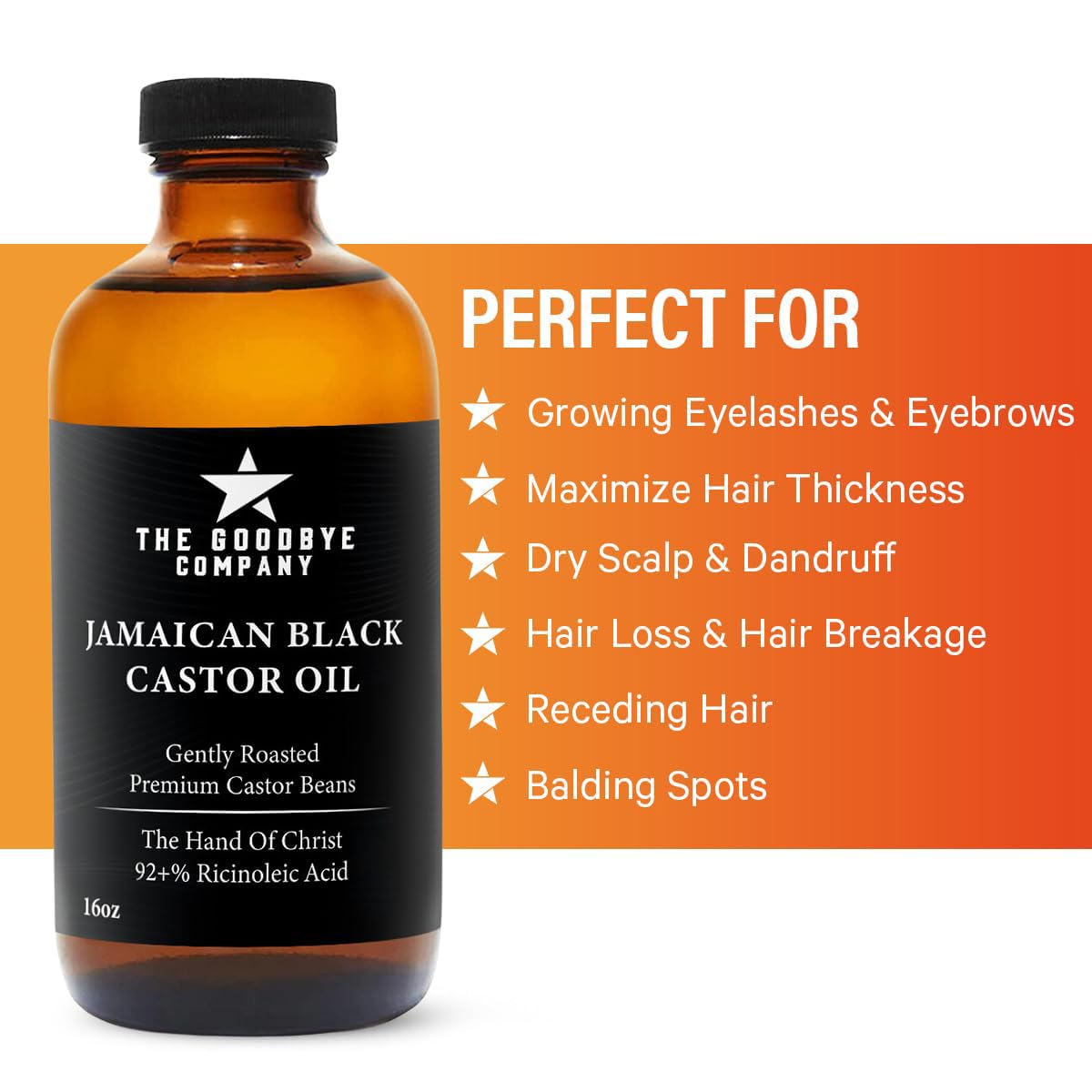 The Goodbye Company Black Castor Oil for Hair Growth – Organic, Cold-Pressed & Unrefined 100% Pure & Hexane-Free - Glass Bottle (450mL) Nourishing Oil for Eyebrow, Eyelash & Stronger Hair (16.9 oz)