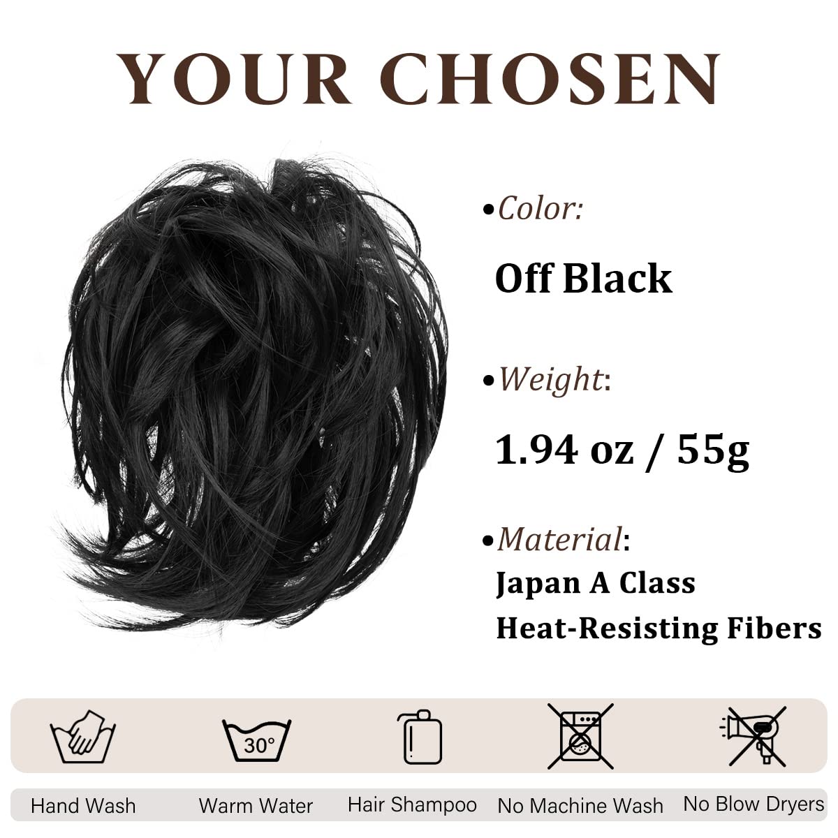 CJL HAIR Large Messy Bun Hair Piece Wavy Curly Scrunchies Synthetic Chignon Ponytail Hair Extensions Thick Updo Hairpieces for Women Off Black