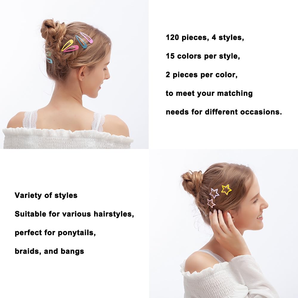 120Pcs Hair Clips for Girls,Non Slip Metal Snap Hair Clips for Kids Star & Butterfly hair accessories (4 Styles and 15 Assorted Colors)