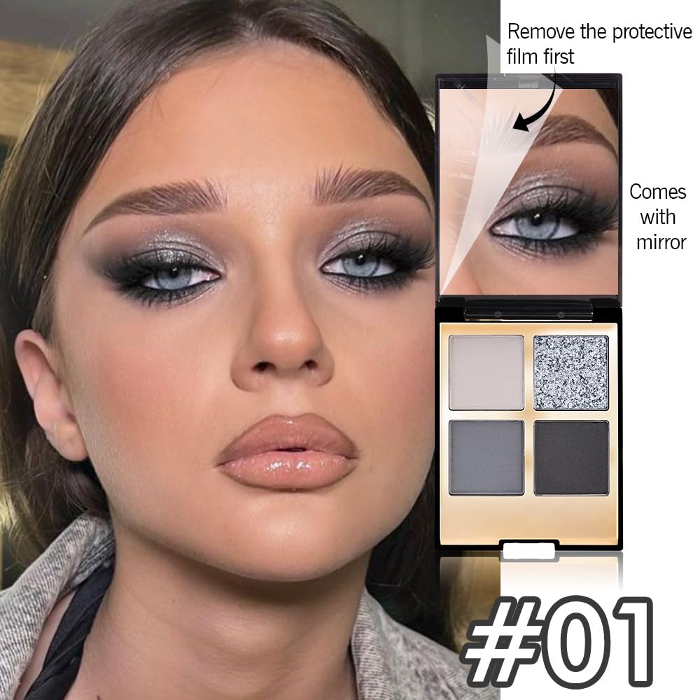 Eyeshadow Quad Makeup Palette – 4 Shades of Black, Gray, Natural, Nude & Smoky Tones, Blendable Matte & Shimmer, Long-Lasting Waterproof, Perfect for Mature & Young Women, with Built-In Mirror 01#