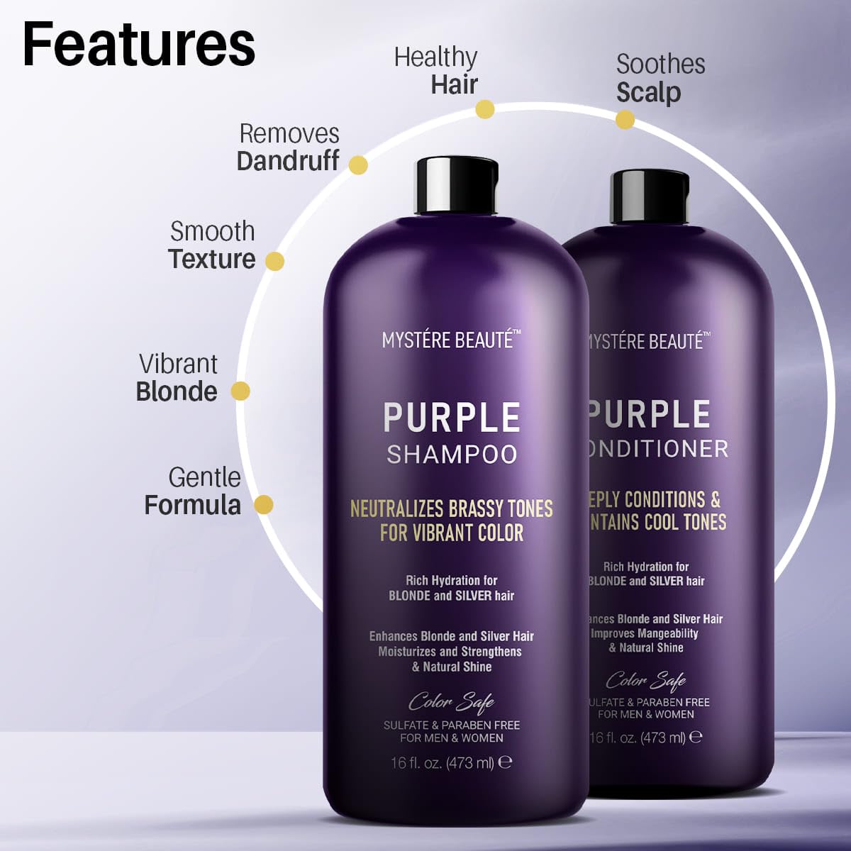 Purple Shampoo and Conditioner Set, For Blonde, Silver, and Gray Hair - Purple Shampoo Conditioner for Men Women, Sulfate Free Anti Yellowing Vibrant Color Protection - 16 fl oz each