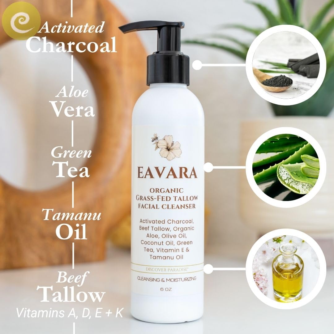 Beef Tallow Face Wash – Natural and Hydrating with Activated Charcoal, Aloe, Hyaluronic Acid, and Green Tea – Facial Cleanser with Grass Fed Beef Tallow – Face Wash for Women and Men – 6oz Pump
