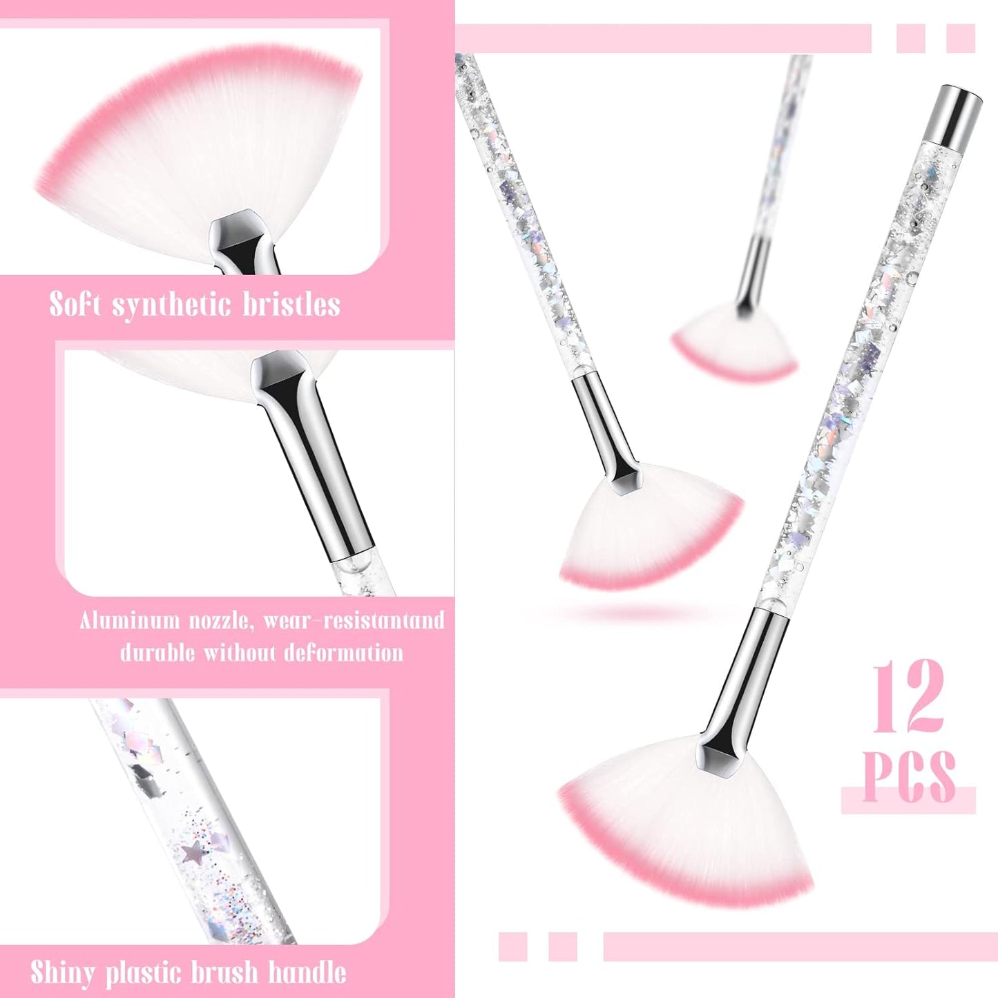 Nuenen 12 Pcs Soft Fan Facial Brushes Mask Acid Applicator Brush for Mud Cream Blush Makeup Peel Glycolic Multi Use Cosmetic Tools with Glitter Quicksand Handle and Pouch(Silver)